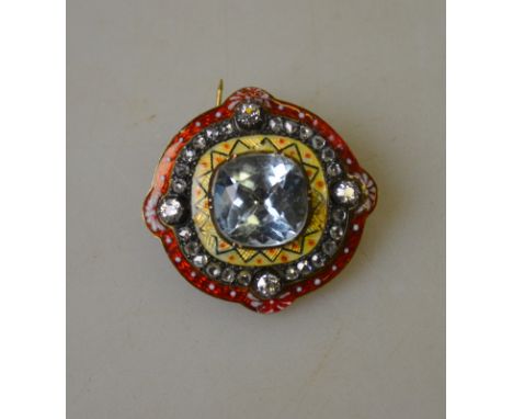 Possibly Russian - brooch having cushion shaped central aquamarine surrounded by four old cut and twenty-four rose cut diamon