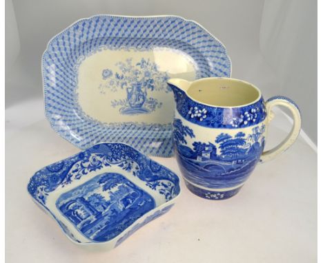 A 19th century Copeland Spode blue and white transfer decorated meat plate 48 x 36.5 cm to/w a Spode Italian ewer 25.5 cm hig