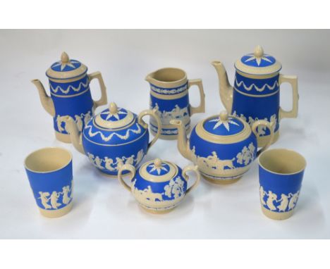 A collection of Copeland Spode jasper wares comprising two hot water jugs, milk jug, two teapots, sucrier and cover, two beak