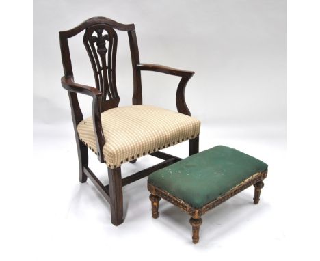 A Georgian style child's mahogany carver chair with overstuffed seat, to/w an antique giltwood foot stool (2)