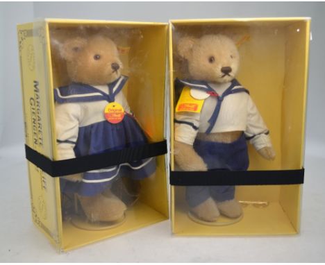 Two boxed Margarete Steiff mohair teddy bears, boy and girl in sailor suits, 28 cm