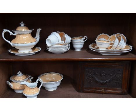 Ridgway part tea service, apricot ground with gilded decoration, pattern 2/5813, c. 1846, comprising:  teapot, cover and stan