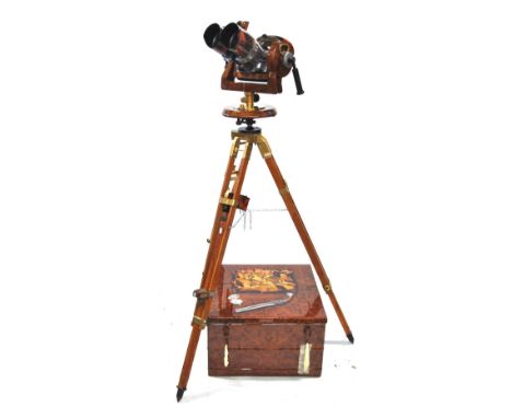 A pair of Soviet TZK 10880 anti aircraft binoculars circa 1953 on later tripod, heavily enhanced with painted snakeskin effec