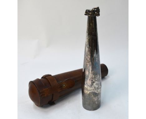 A late Victorian EPBM conical hunting flask with detachable beaker, in leather case, 28 cm