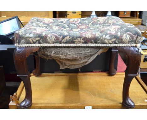 A part 19th mahogany framed stool with overstuffed seat on pad feet, 42 cm high x 61 cm x 46 cm