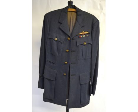 Two RAF Flt Lt service tunics by Simpson, Piccadilly to/ a single pair of matching trousers, the tunics approx size 38, both 