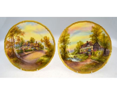 An associated pair of Royal Worcester dishes; one decorated with Anne Hathaway's cottage; the other Elmley; both signed by R.