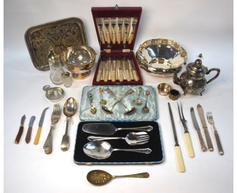 Various electroplated items including fruit bowl, coffee pot, rose-bowl, trinket tray and various flatware etc (box)