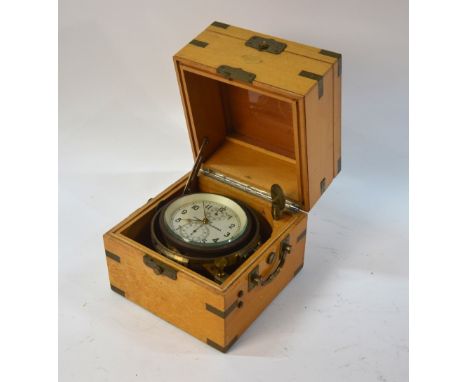 A Soviet Russia Marine Chronometer by Imeni Kirova, no 3072, with 10 cm dial in brass bound teak case and outer wooden protec