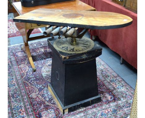 A rare 19th century compass adjusters table with tilting teak platform on revolving adjustable brass bracket, painted compass