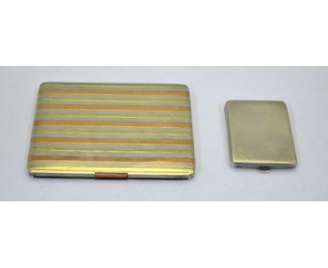  An engine-turned silver cigarette case with overlaid gold striped decoration, Mappin & Webb, London 1916, to/w a match-book 