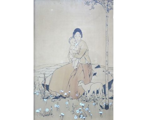 Dorothy Hawksley - Mother and child in a meadow with lambs, lithograph with added heightening, 72 x 48 cm