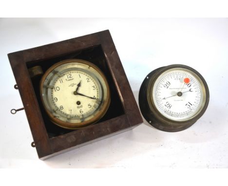 A Mercer Ships clock with jury-rigged electric bells, in case to/w a brass bulkhead aneroid barometer by Kelvin Bottomley & B