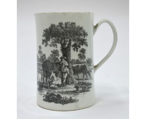 A Worcester mug with looped handle decorated by Robert Hancock with two cameos of rural scenes depicting milkmaids and their 
