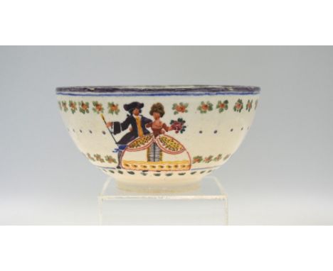 A rare Carter & Co, Poole tin glazed white/grey semi stoneware bowl, handpainted with floral sprigs and a naive couple in 18t