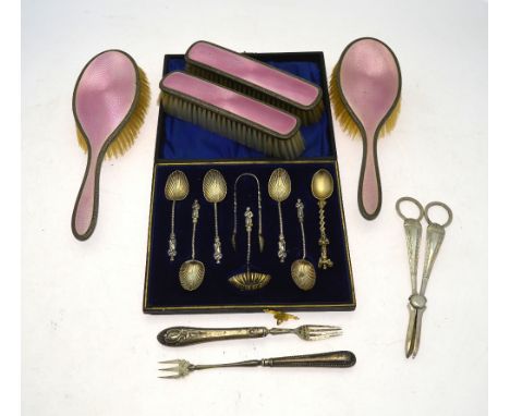 A pair of silver and basse-taille pink enamel hairbrushes and matching clothes brushes, Henry Matthews, Birmingham 1927, to/w