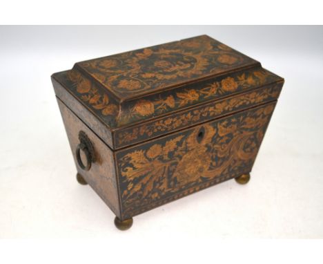 A Georgian penwork tea caddy, richly decorated 'a l'Indienne' with flowers and foliate small reserve with elephant and handle