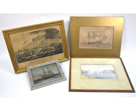 19th century lithograph 'The Channel Fleet in a Gale', January 9th 1874, after Snell, 26 x 36 cm; J M Galeo - Malta, watercol