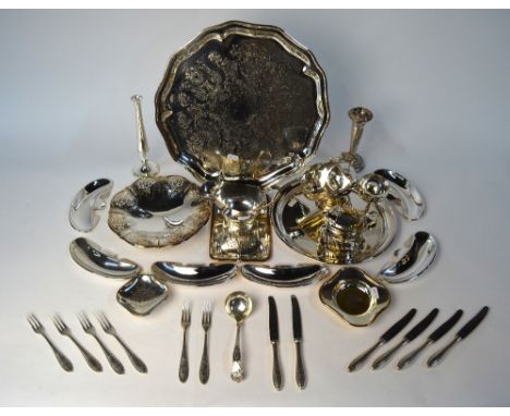 A quantity of plated table-wares, including continental dessert knives and forks, sauce boat, king's pattern sauce ladle, set