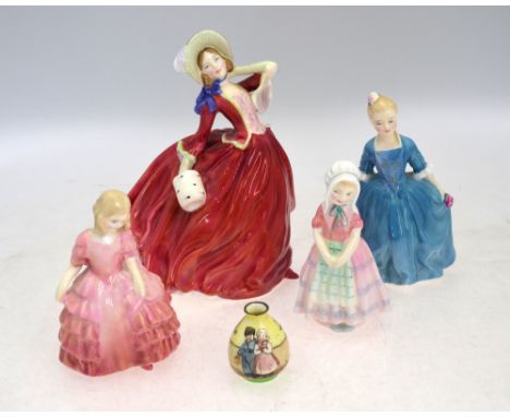 A quantity of ceramic figures, comprising: a Royal Doulton Autumn Breezes figure; a Lladro cat and mouse; a Royal Doulton 'Ro