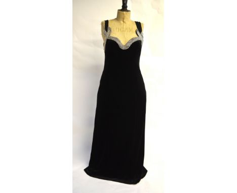 A Frank Usher black evening dress with silvered metal bead embellishment to bodice and back, size 14, a Frank Usher red satin