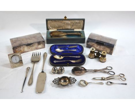 A silver Albany pattern Christening spoon and fork in fitted case, James Deakin & Sons, Sheffield 1923, a cased brush and com