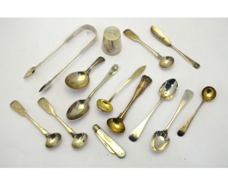 A George III silver caddy spoon with thread handle, Edward Mayfield, London 1801, to/w three fiddle pattern salt spoons by th