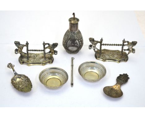 A Chinese sterling-clad miniature dimple bitters bottle, chased with dragons, to/w a Danish 826 standard souvenir caddy spoon