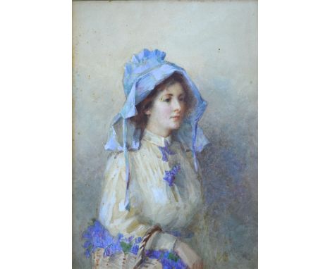 E M Collingwood Coniston - 'Bluebells', A portrait study of a young lady in a blue bonnet with basket of flowers, watercolour