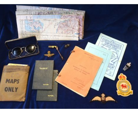 A pair of pilots A M MkVIII 22C/9C flying glasses (cased) to/w  WWII RAF pilot wings, a pocket folding brass mirror/scope, an