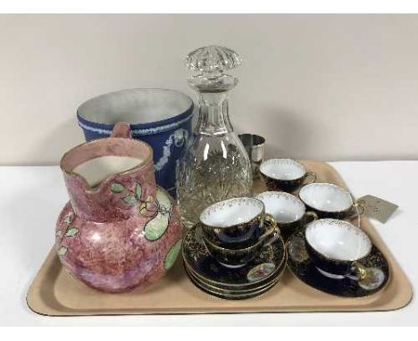 A tray of Jasper ware planter, Kensington ware jug, decanter, cups and saucers etc 