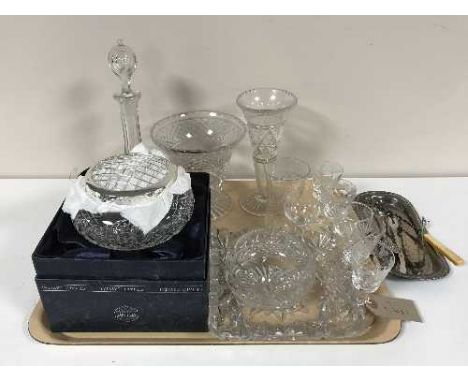A tray of lead crystal decanters, Stuart crystal bowl, plated pickle fork and spoon etc 