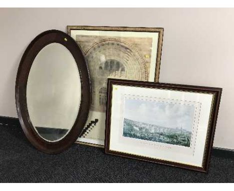 A late Victorian oval framed mirror, print of High Level Bridge, Alfred Waterhouse print from the National History Museum 