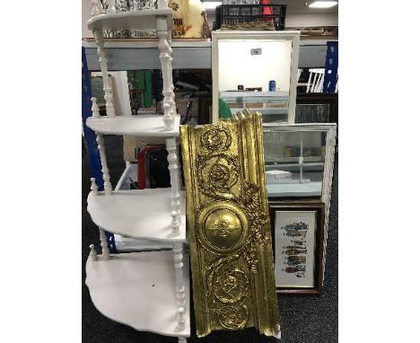 Painted corner what not stand, two mirrors, print and gilt plaster cornice 