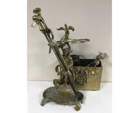 A metal companion stand and set, brass coal box, toasting fork, brush etc 