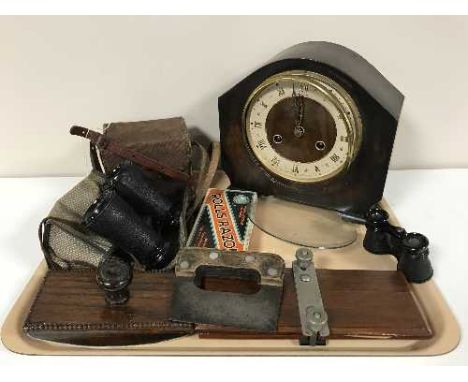 A tray of walnut Betina mantel clock, Brownie camera, Rolls razor, etc 