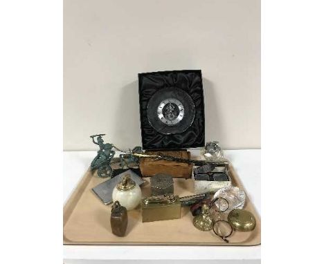 A Dartington crystal clock, Ronson table lighter, paperweights, cigarette cases etc 