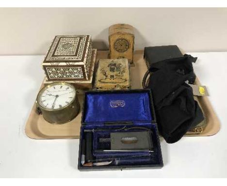 A tray of medical equipment, vintage tin money box, cigarette box, desk clock etc 