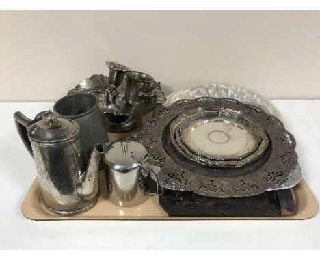 A tray of assorted plated ware, tankard, boxed Brownie camera etc 