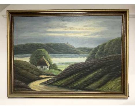 20th century school, a cottage by a lake, oil on board, initialled. K H