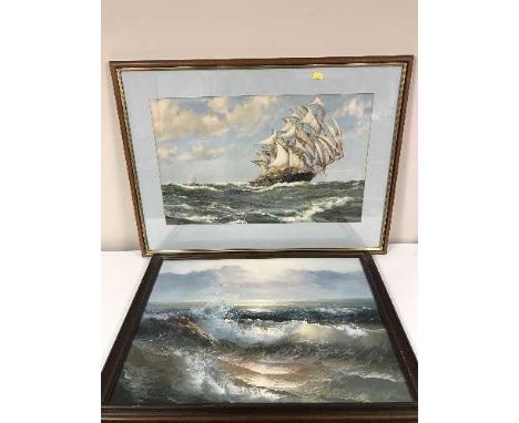 Seven assorted framed pictures - Montague Dawson print, still lives, needlework etc 