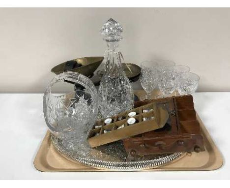 Tray of kitchen scales and weights, thimbles, plated gallery tray, decanter etc 