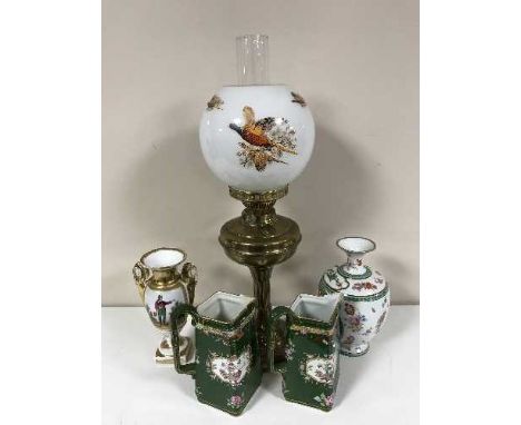 A brass oil lamp with shade, continental vases, pair of jugs