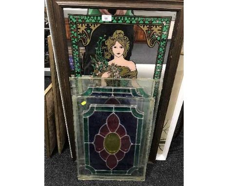 A framed oil, picture mirror, four leaded glass panels, Bagatelle game and a musical table 