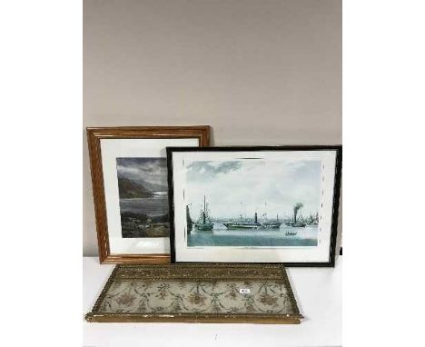 A pine framed pastel drawing by Sylvia Lynch - cottages with Highlands, National Maritime print and gilt framed needlework pa