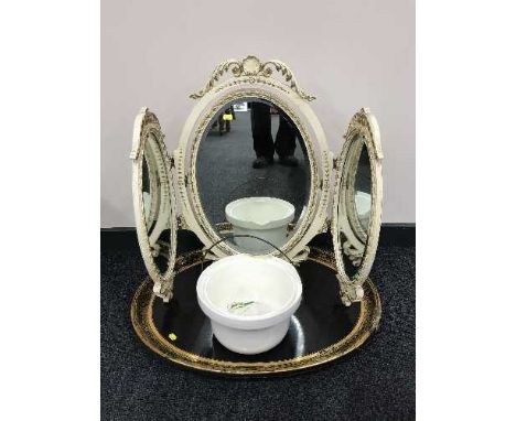 A cream and gilt dressing table mirror, Victorian papier mache tray and a commode pot 