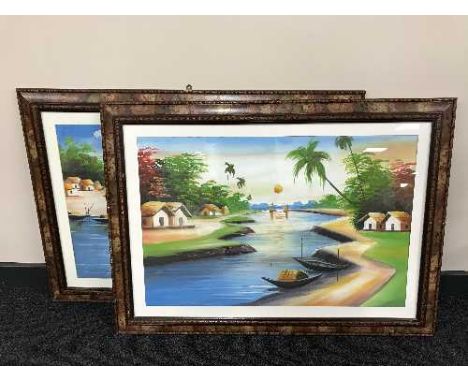 Seven framed prints depicting Asian and Coastal scene and a print of a tiger 