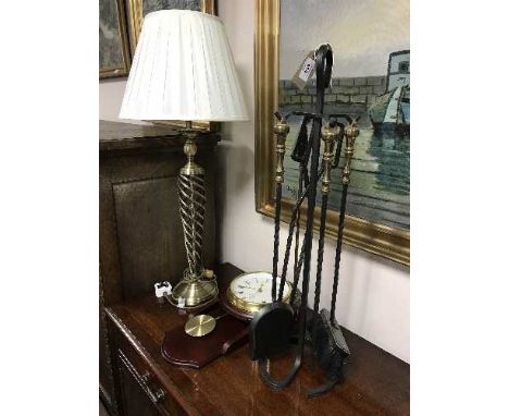 A table lamp with shade, RC wall clock and companion set 