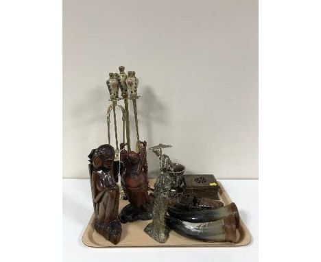 A tray of Eastern hardwood carvings, pestle and mortar, trinket box, companion set etc 