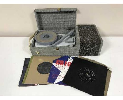 A mid 20th century Ear table top record player, box of LP records & 45s 